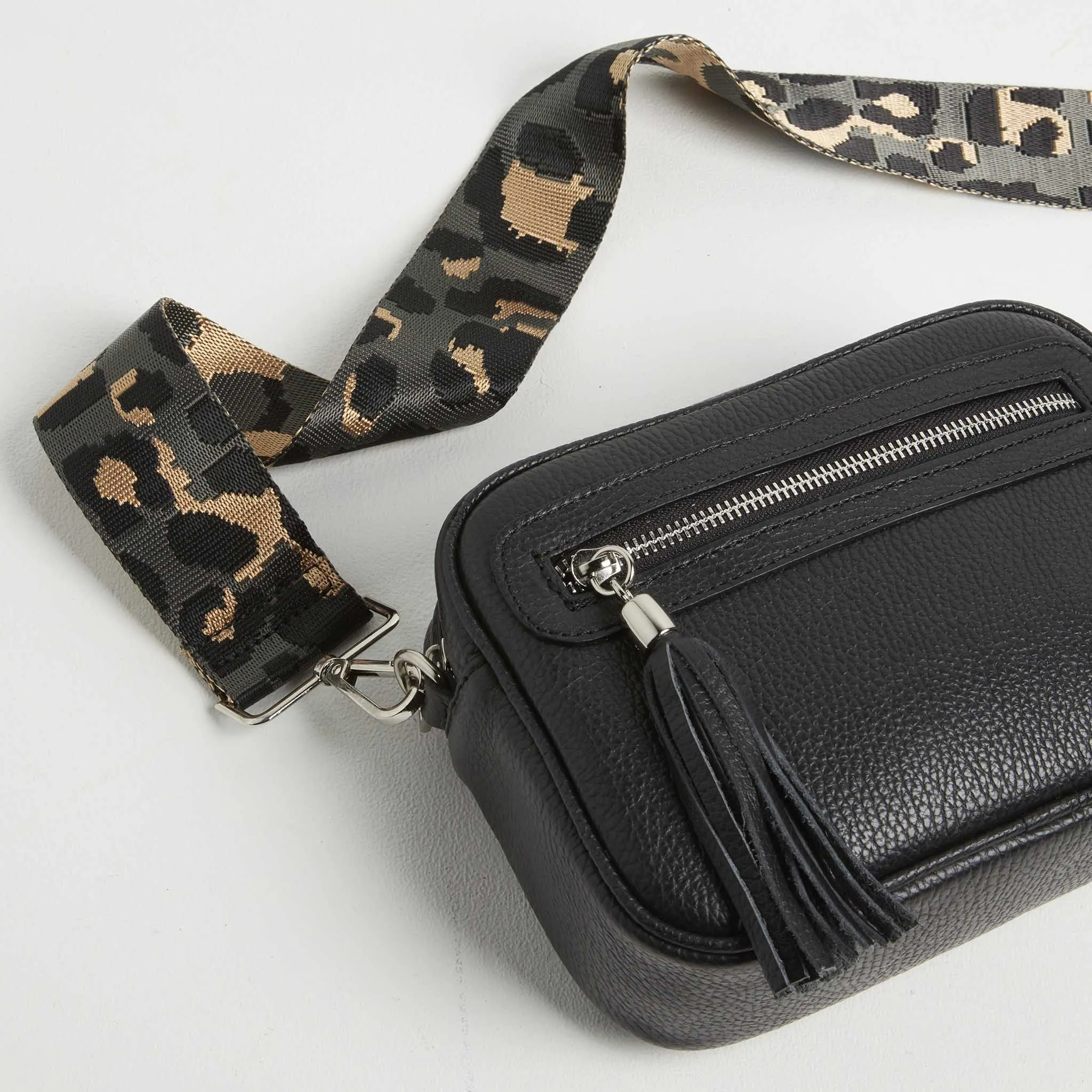 Crossbody Strap - Dark Leopard Print (Silver Hardware)