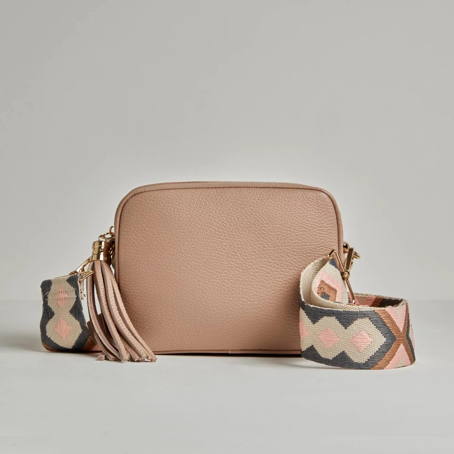 Crossbody Strap -  Pink and Grey Bohemian Print (Gold Hardware)