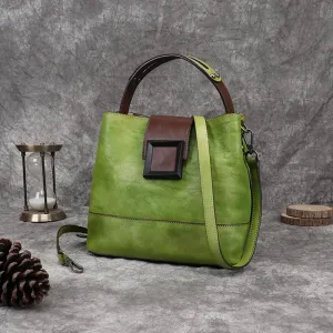 Daphne Leather Top Handle Handbag Shoulder Bag - Brown/Dark Brown/Green