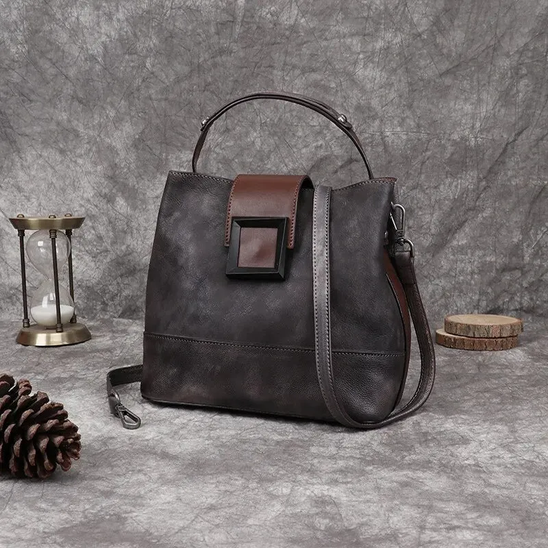 Daphne Leather Top Handle Handbag Shoulder Bag - Brown/Dark Brown/Green