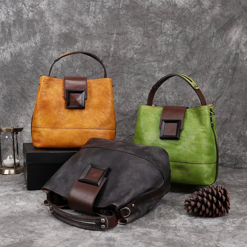 Daphne Leather Top Handle Handbag Shoulder Bag - Brown/Dark Brown/Green