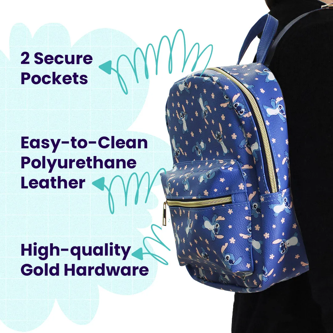 Disney Stitch with Flowers Mini PU Leather Backpack Purse with Adjustable Straps 10 In