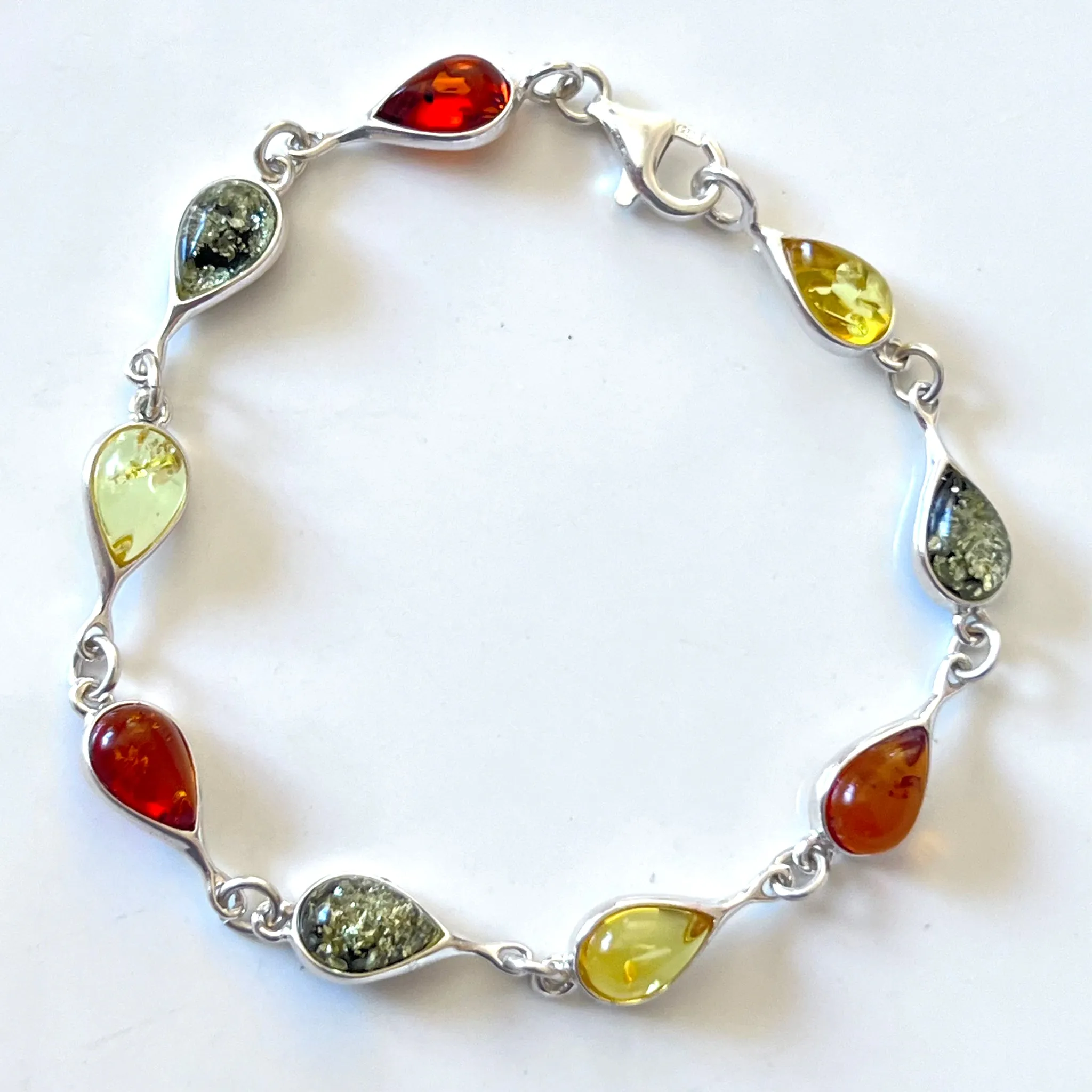 Elegant Multicolor Amber with Sterling Silver Link Bracelet