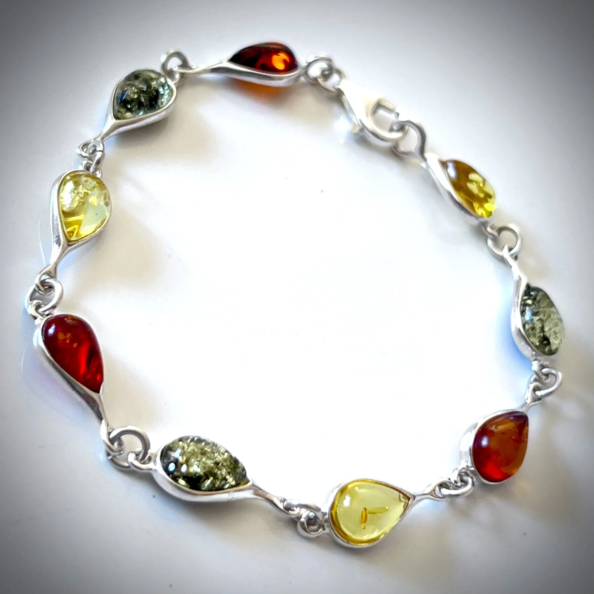 Elegant Multicolor Amber with Sterling Silver Link Bracelet