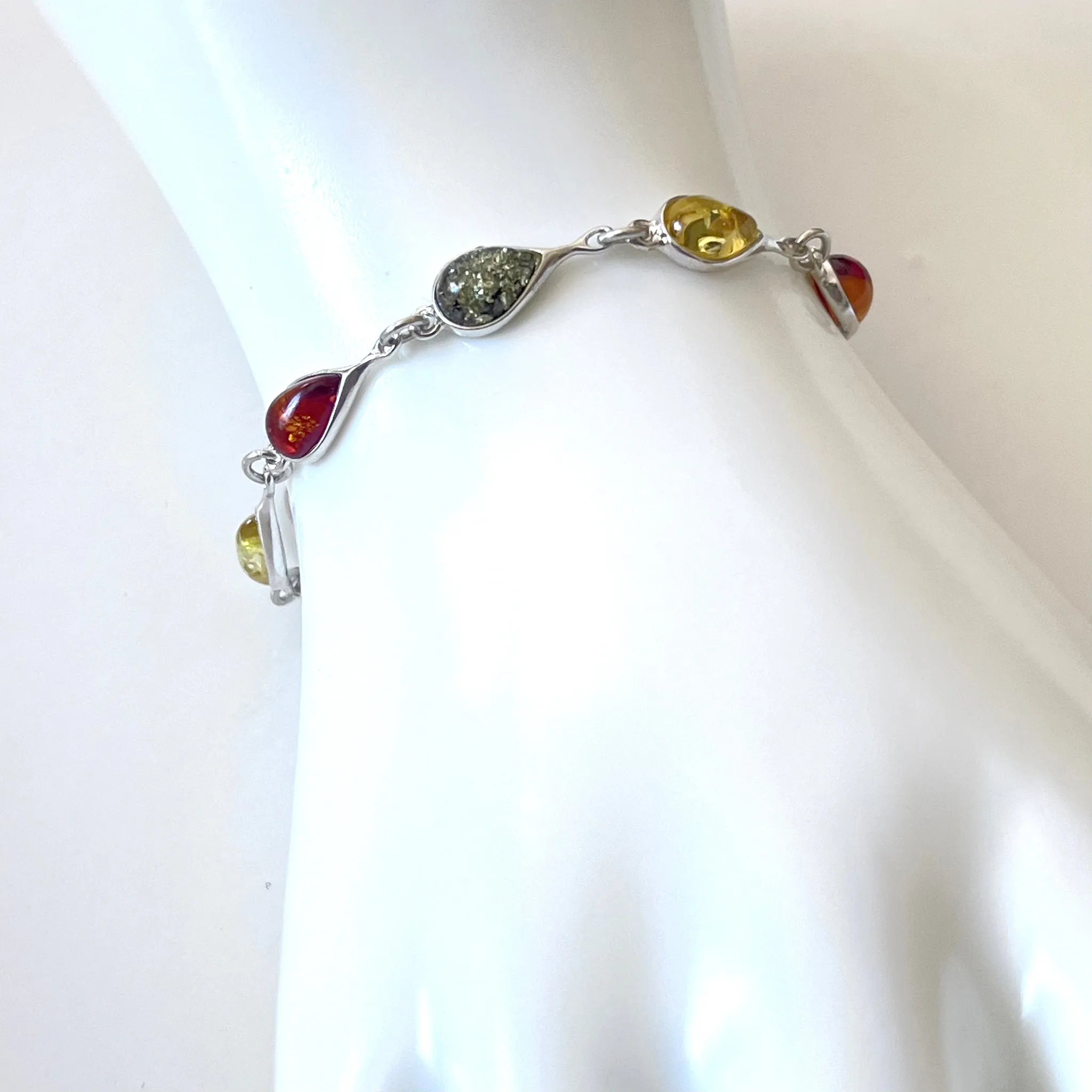 Elegant Multicolor Amber with Sterling Silver Link Bracelet