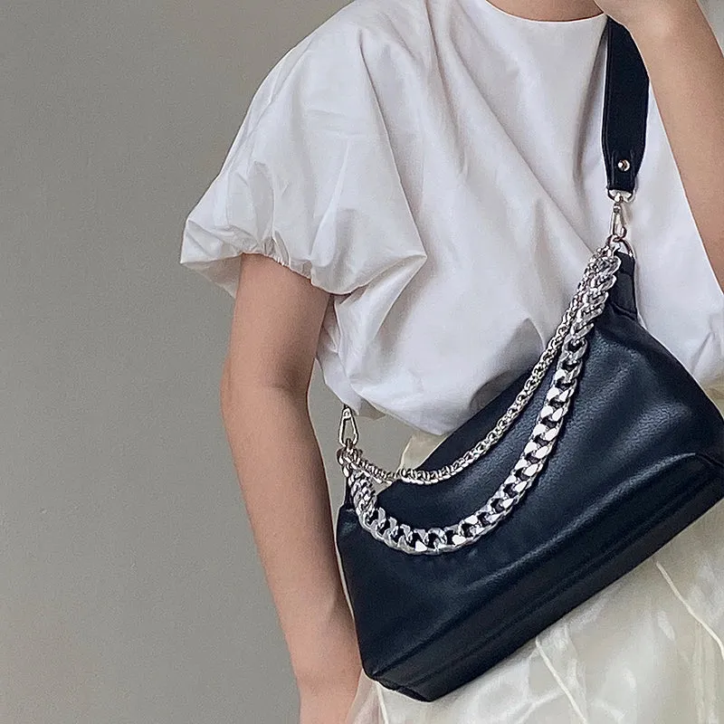 Eline Faux Leather Black Double Silver Chain Handbag