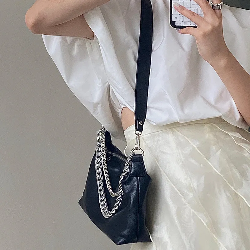 Eline Faux Leather Black Double Silver Chain Handbag