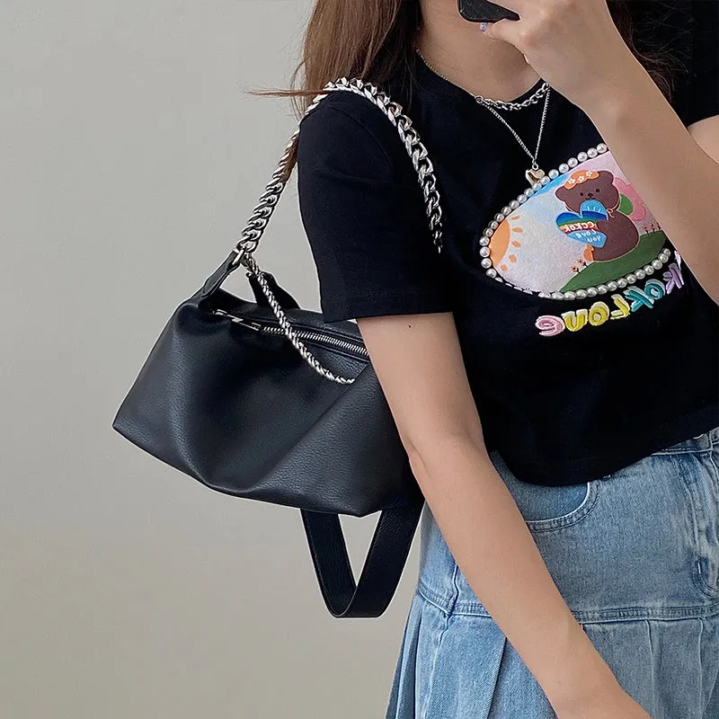 Eline Faux Leather Black Double Silver Chain Handbag