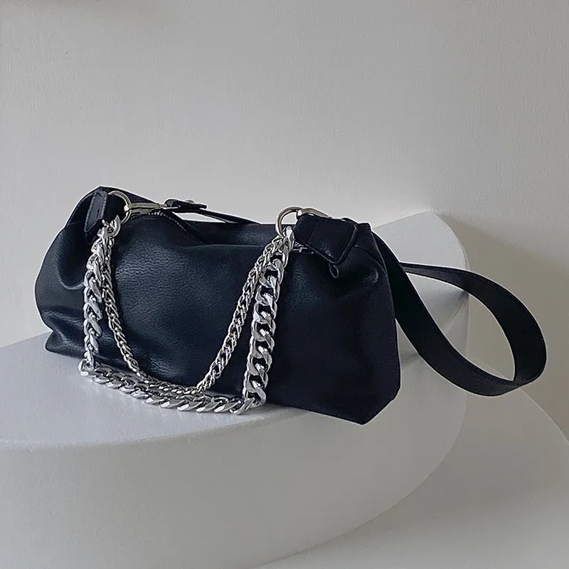Eline Faux Leather Black Double Silver Chain Handbag