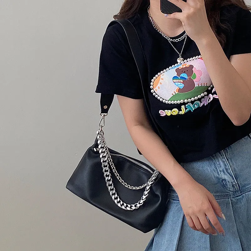 Eline Faux Leather Black Double Silver Chain Handbag