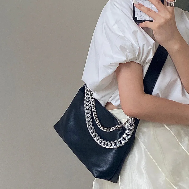 Eline Faux Leather Black Double Silver Chain Handbag