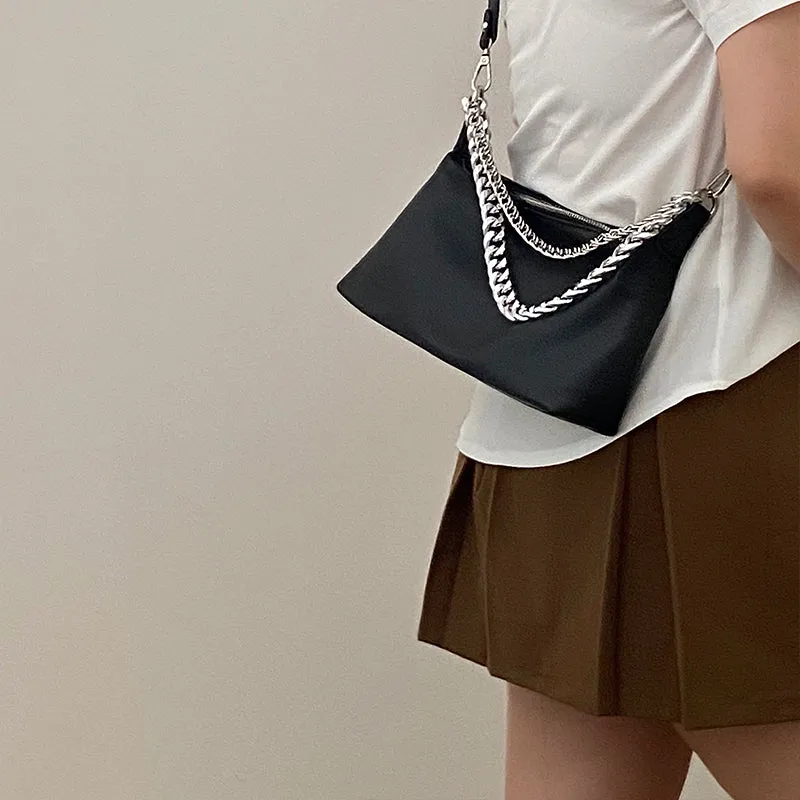 Eline Faux Leather Black Double Silver Chain Handbag