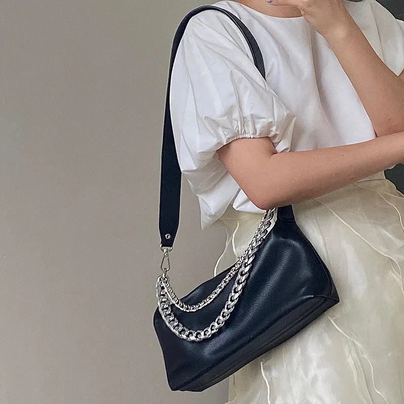 Eline Faux Leather Black Double Silver Chain Handbag