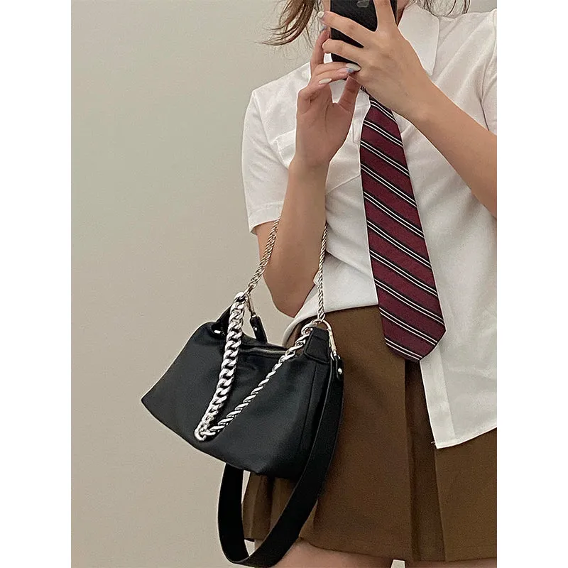 Eline Faux Leather Black Double Silver Chain Handbag