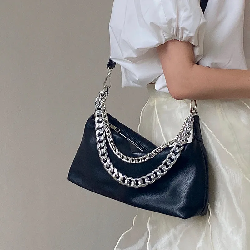 Eline Faux Leather Black Double Silver Chain Handbag