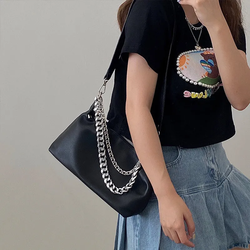 Eline Faux Leather Black Double Silver Chain Handbag