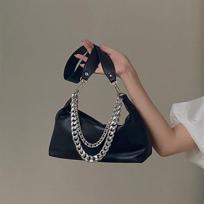 Eline Faux Leather Black Double Silver Chain Handbag
