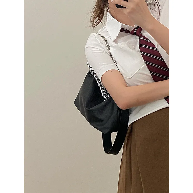 Eline Faux Leather Black Double Silver Chain Handbag
