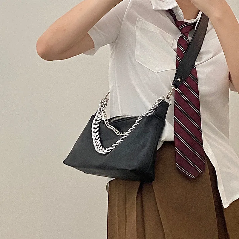 Eline Faux Leather Black Double Silver Chain Handbag