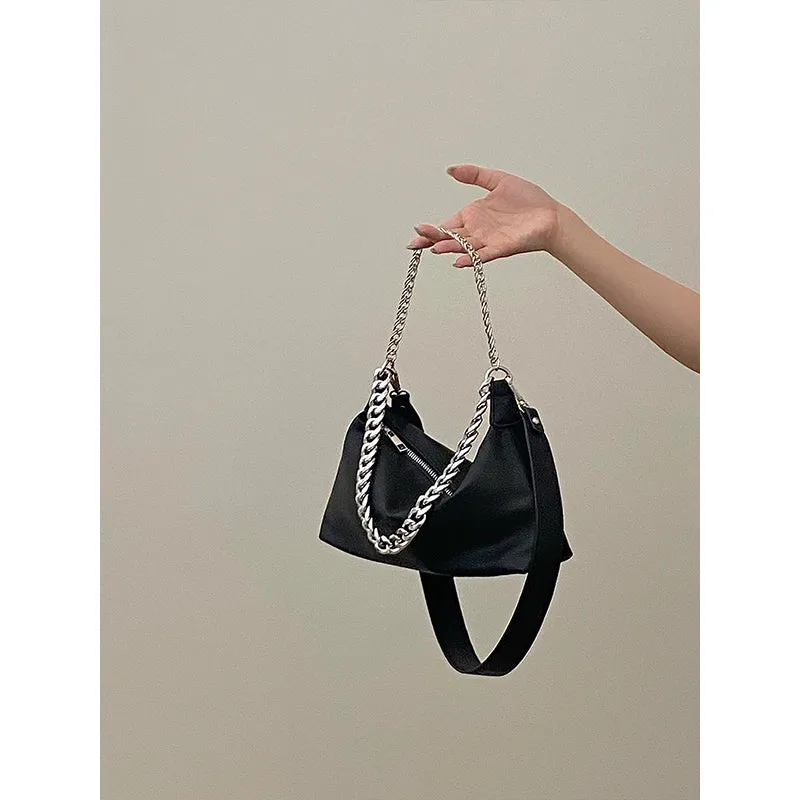 Eline Faux Leather Black Double Silver Chain Handbag