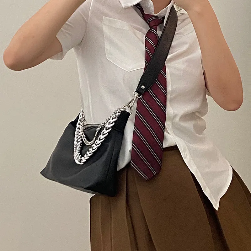 Eline Faux Leather Black Double Silver Chain Handbag