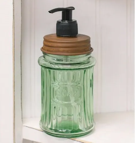 Embossed green glass liquid soap dispenser