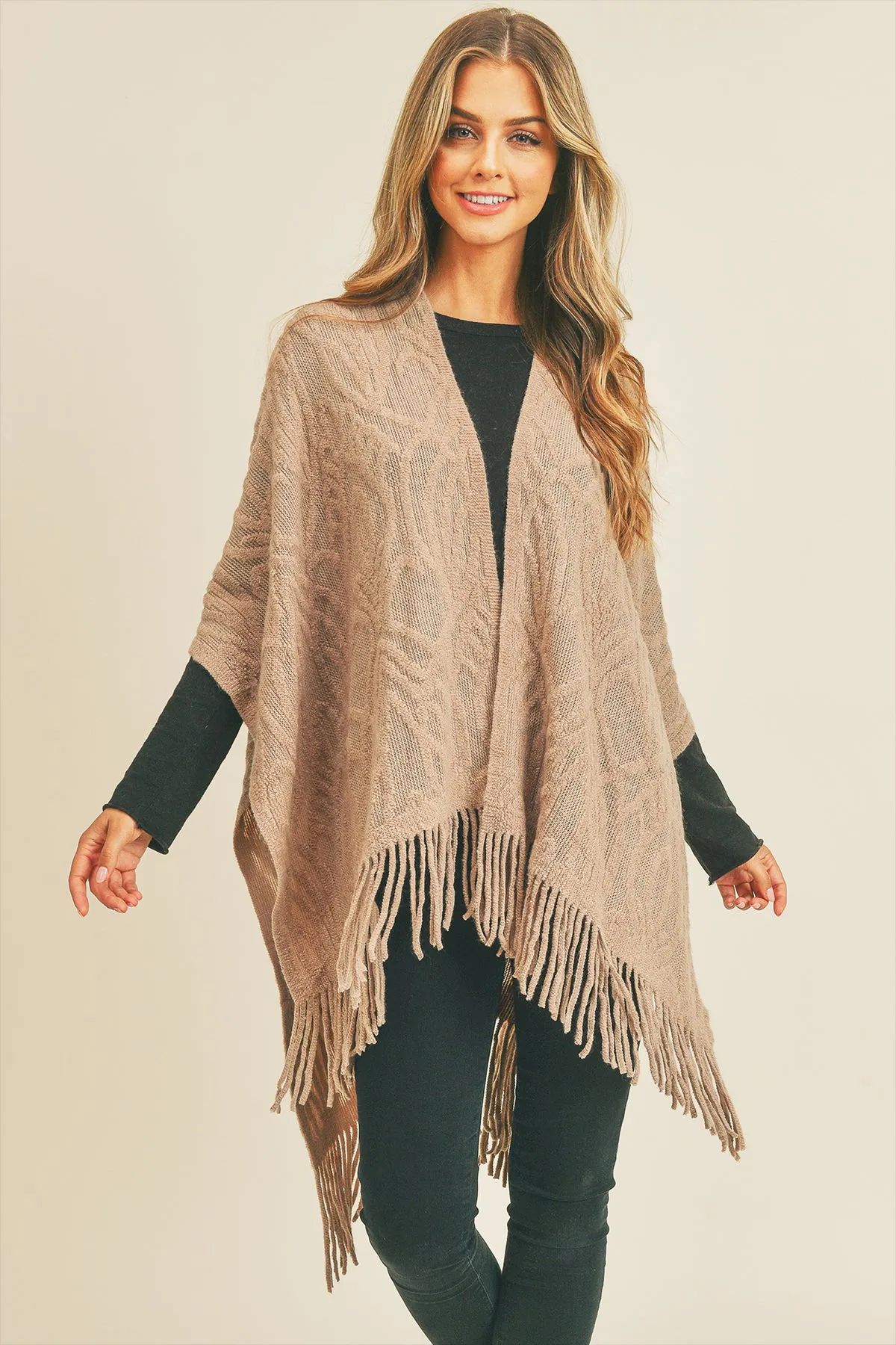 EMBOSSED PATTERN TASSEL RUANA