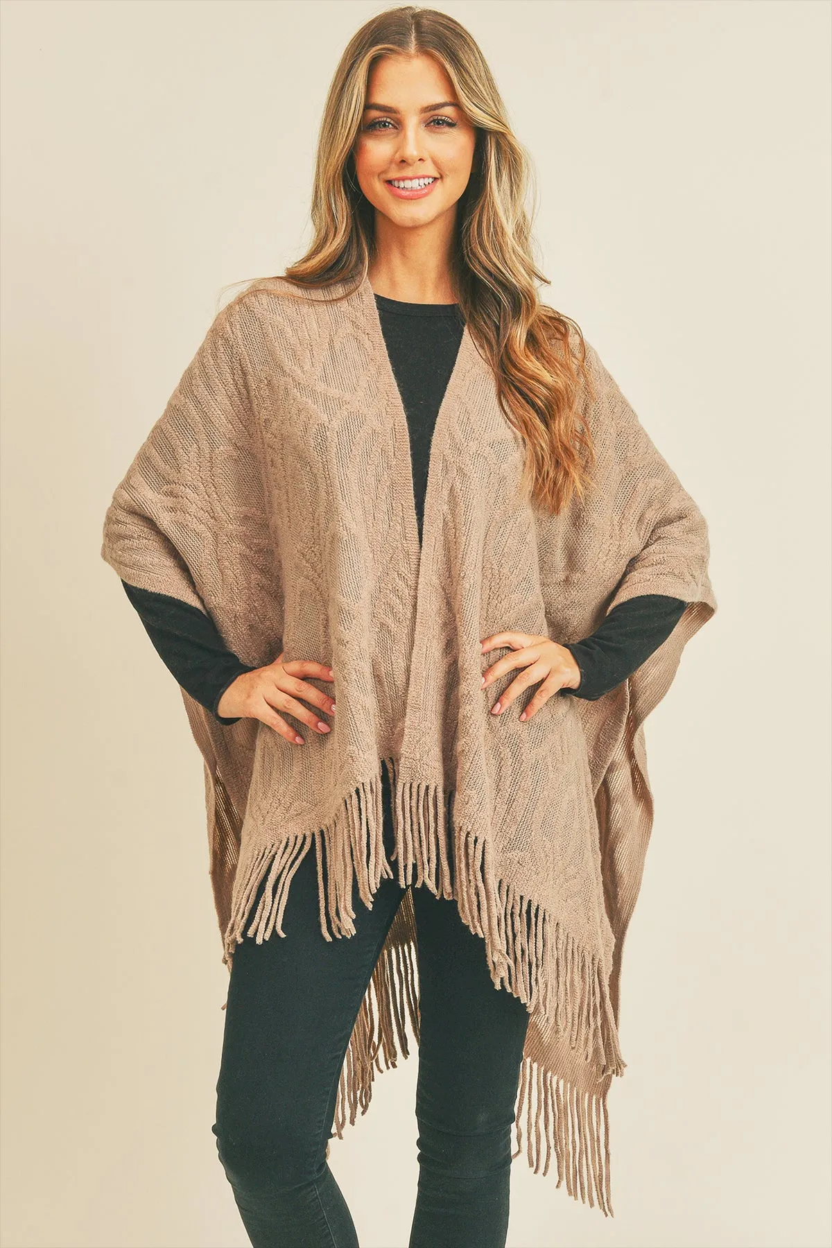 EMBOSSED PATTERN TASSEL RUANA