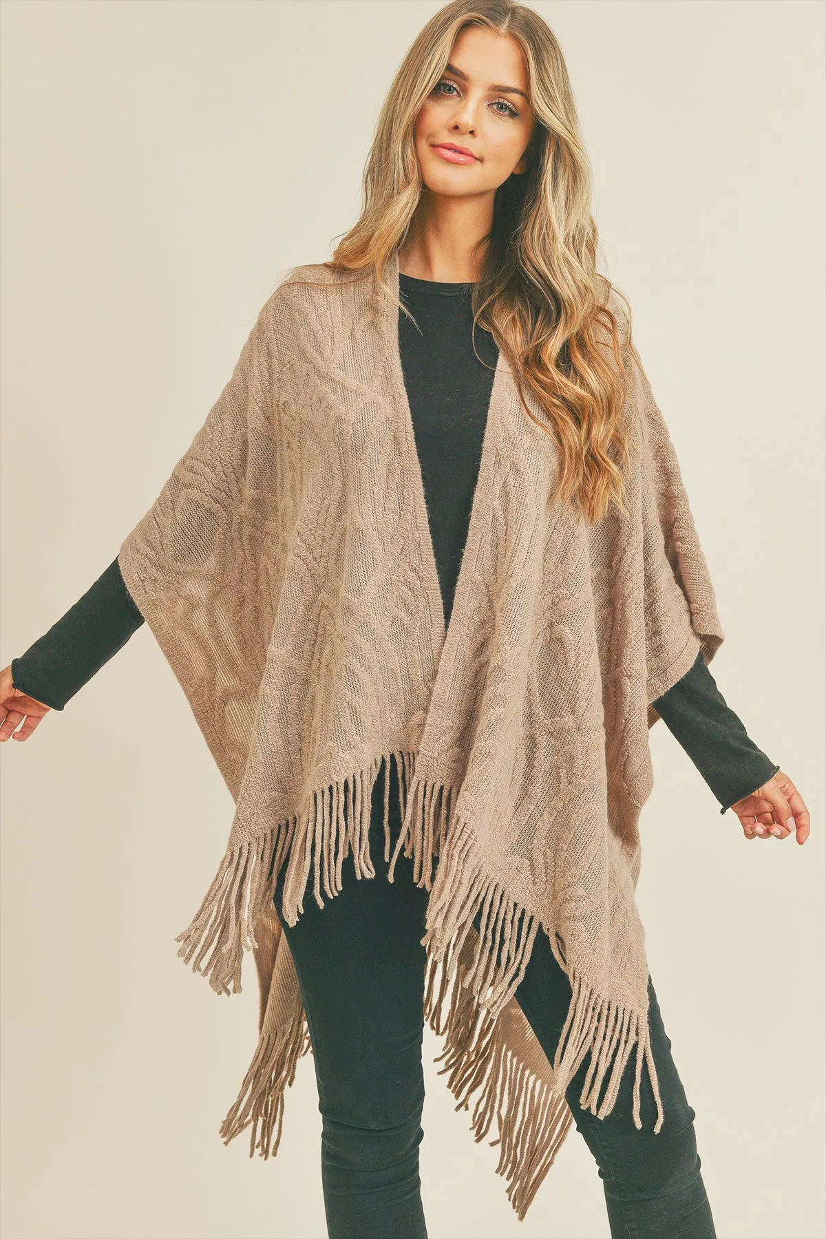 EMBOSSED PATTERN TASSEL RUANA