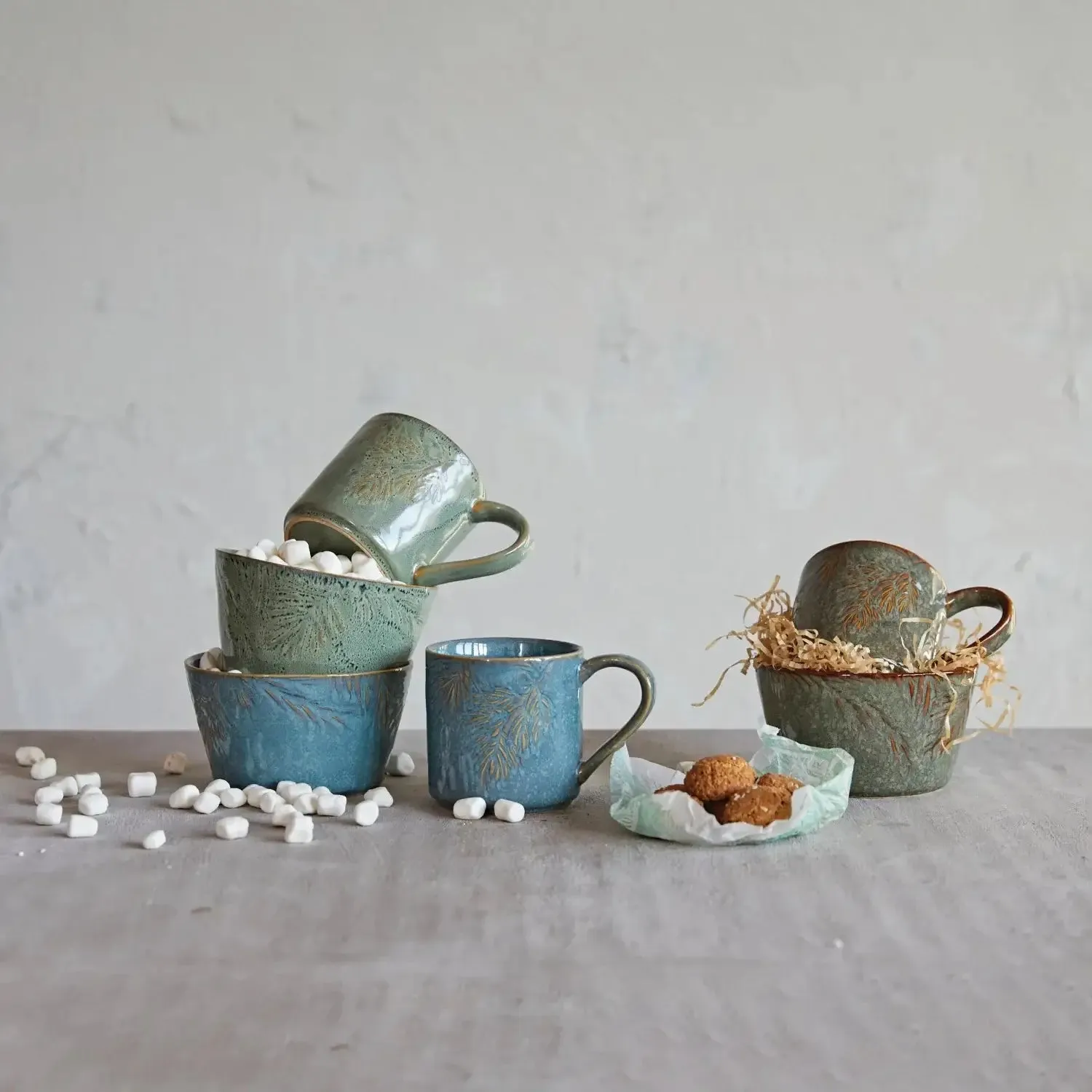 EMBOSSED STONEWARE MUG W/ PINE BOUGH