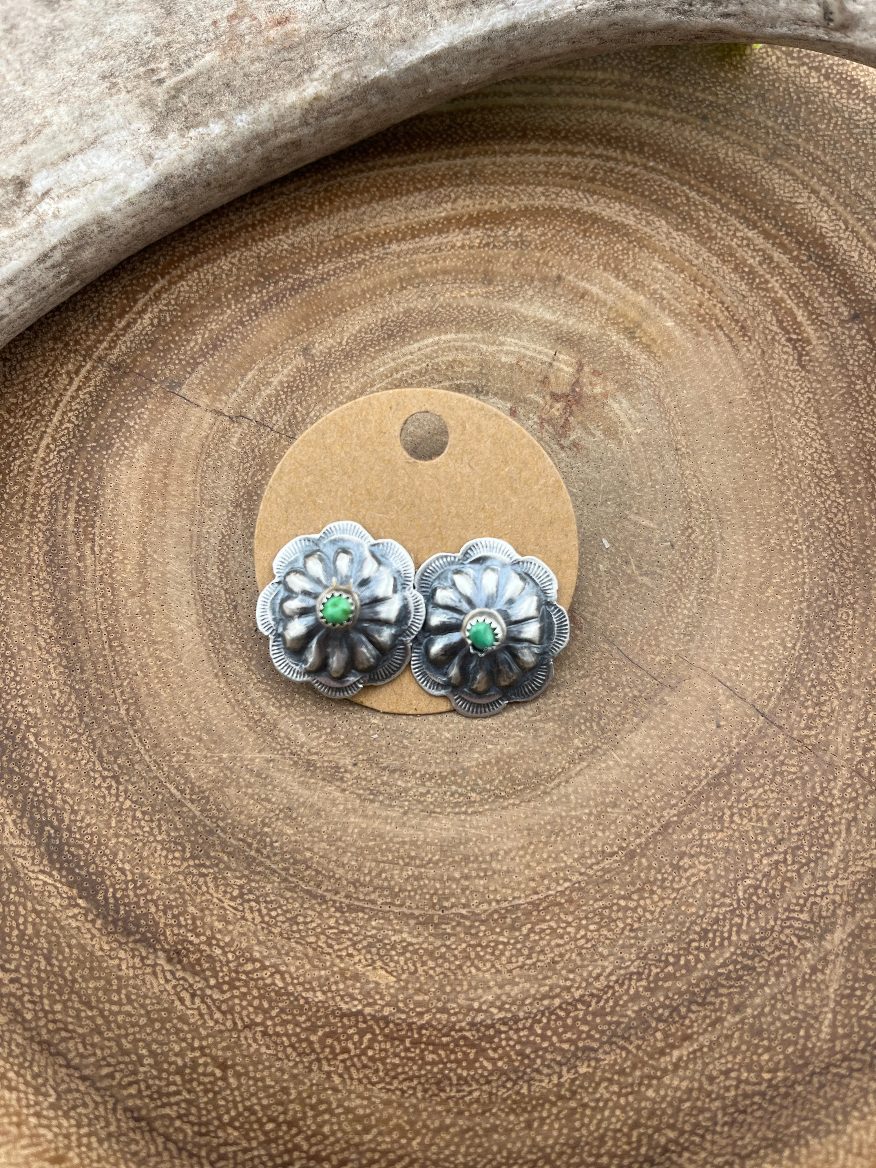 Finn Sterling Scalloped Concho Post Earrings With Turquoise Center - 1"