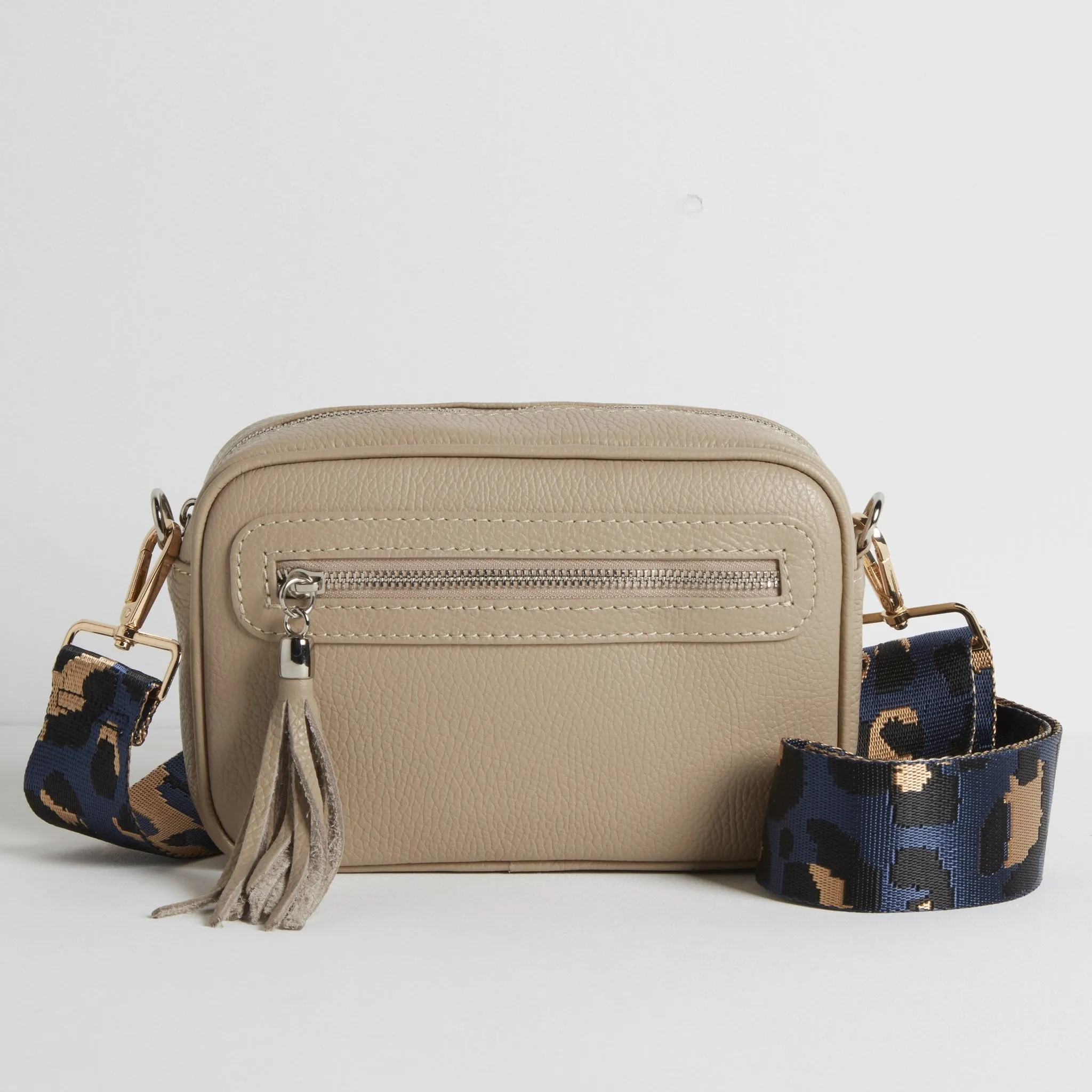 Florence Crossbody Bag in Beige with Dark Blue Leopard Print Strap
