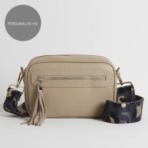 Florence Crossbody Bag in Beige with Dark Blue Leopard Print Strap