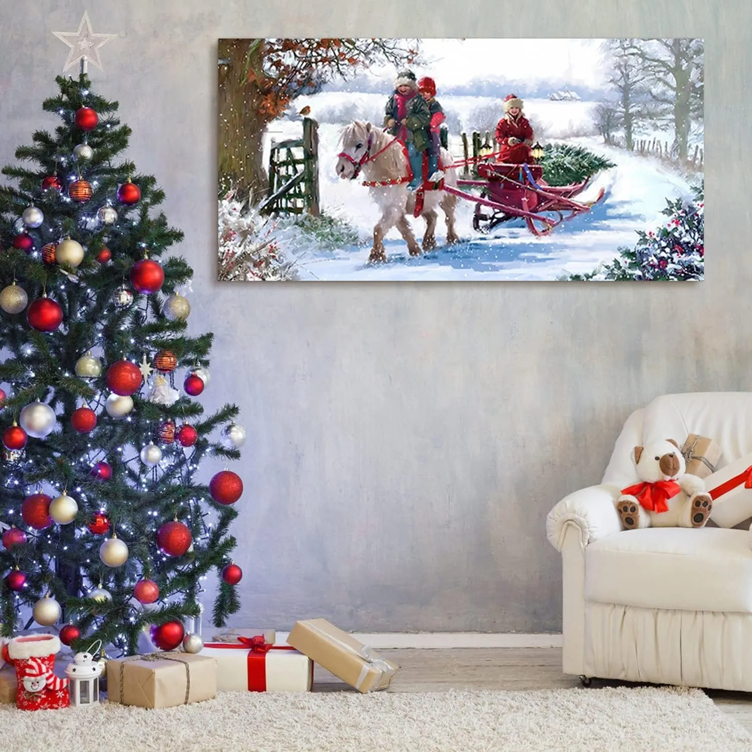 Framed Canvas Wall Art Painting Kids Riding White Horse Gift for