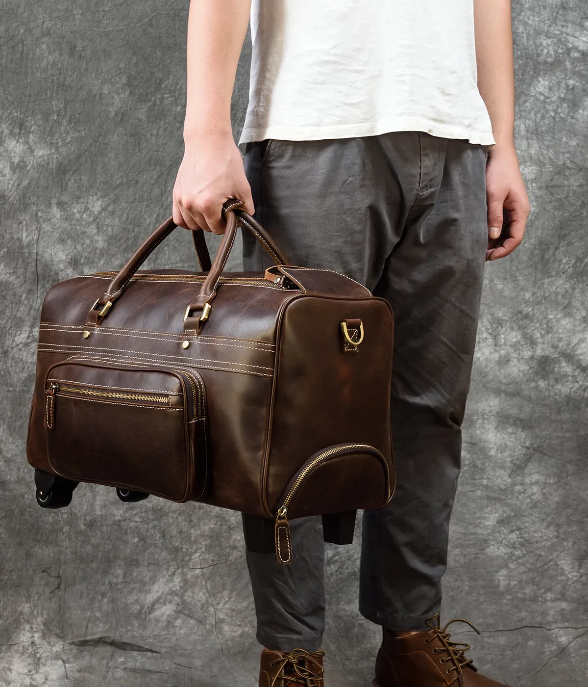 Genuine Leather Hand Luggage Travel Bag Rollers Handbags