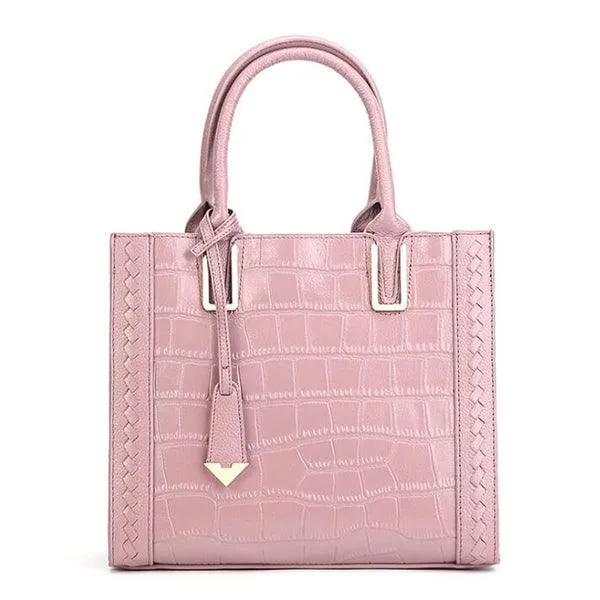 Genuine Leather Lady Tote With Metal Handbags Pink