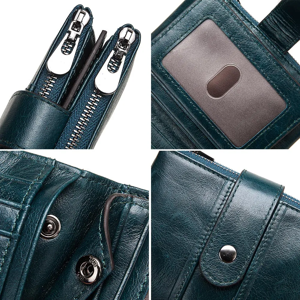 Genuine Leather Men Green Wallet with Zipper RFID