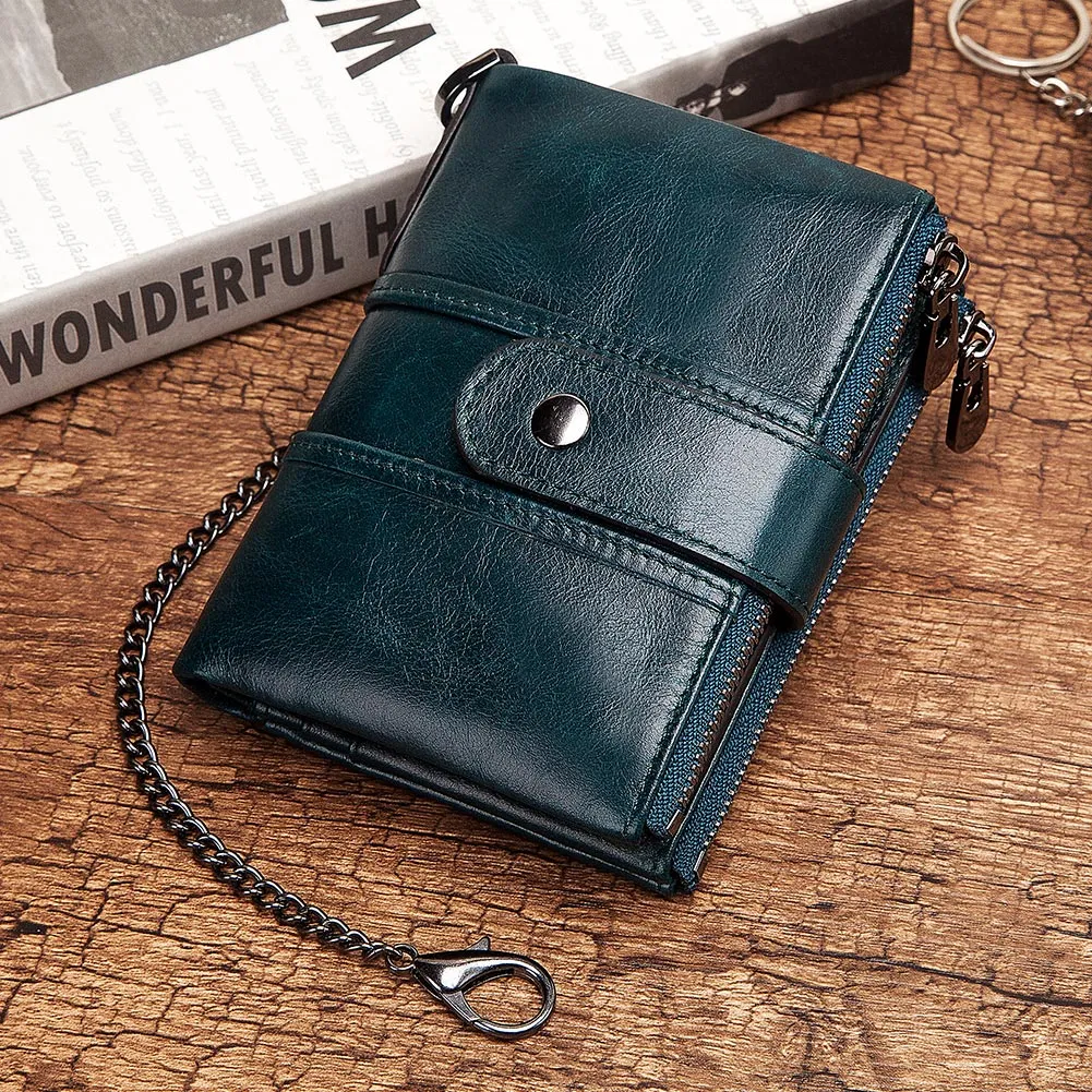 Genuine Leather Men Green Wallet with Zipper RFID