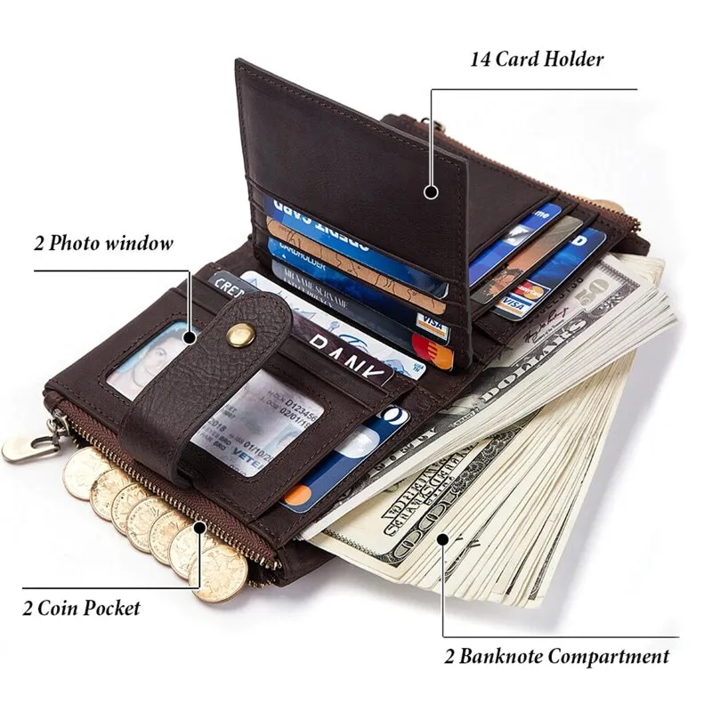 Genuine Leather Men Green Wallet with Zipper RFID