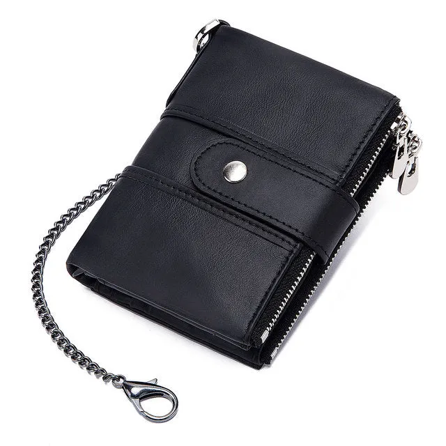 Genuine Leather Men Green Wallet with Zipper RFID