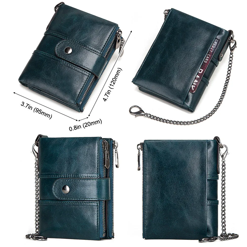 Genuine Leather Men Green Wallet with Zipper RFID