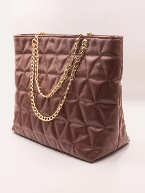 Geometric Pattern Quilted Chain Tote Bag - Mocha Brown - FD ⚡