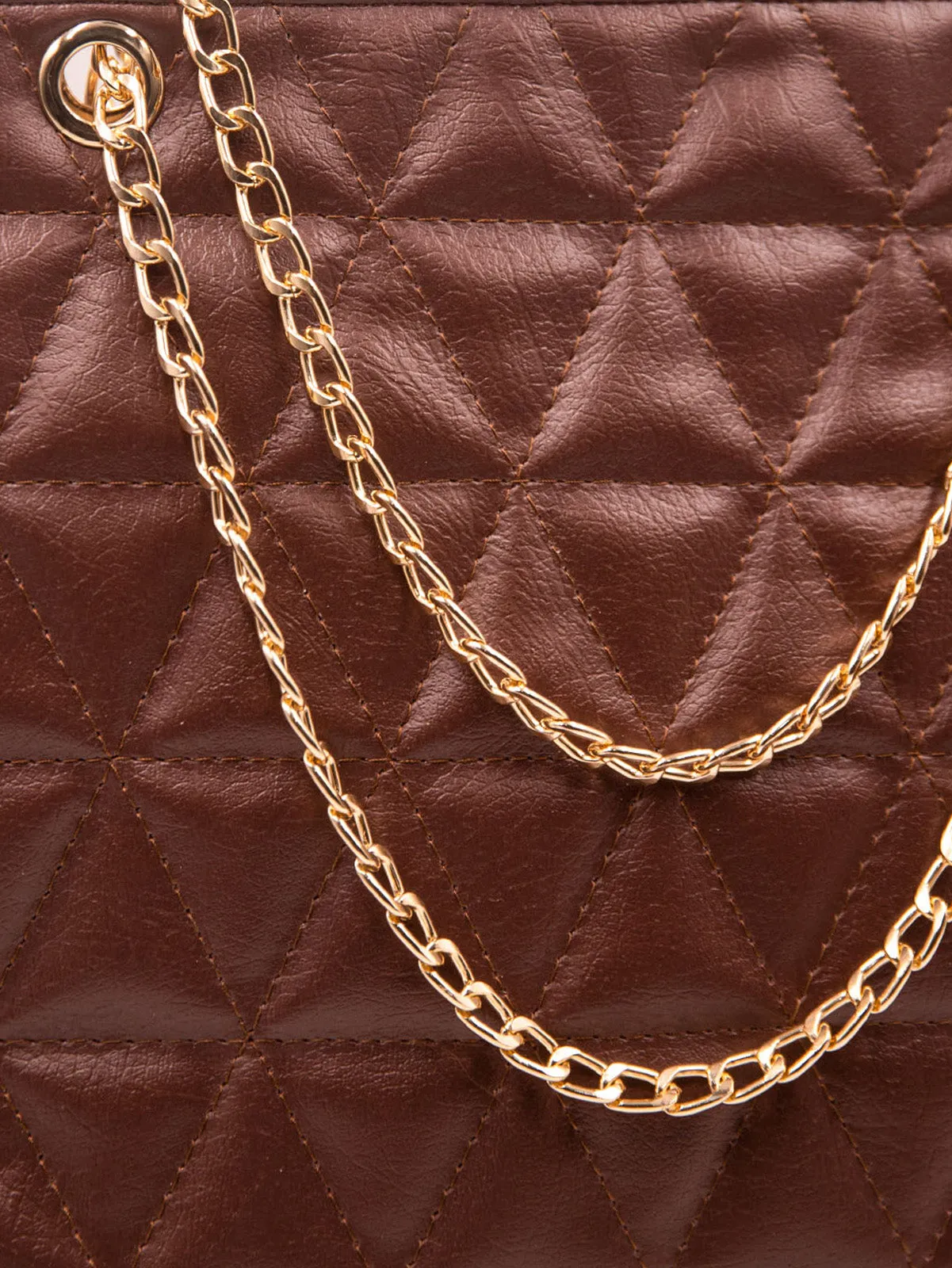 Geometric Pattern Quilted Chain Tote Bag - Mocha Brown - FD ⚡