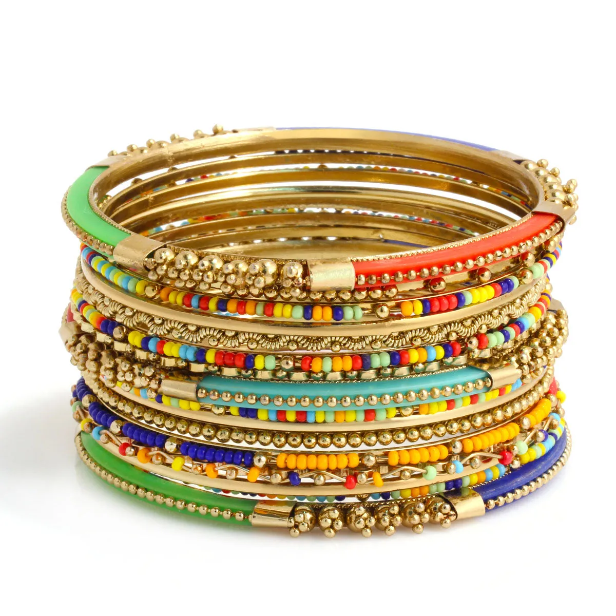 GOLD MULTICOLOR  16 PCS INDIAN BANGLE SET #BNG-20444_HALF-G-MLT (RC27)