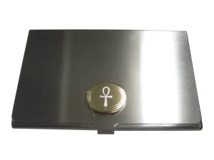 Gold Toned Etched Oval Ankh Cross Business Card Holder