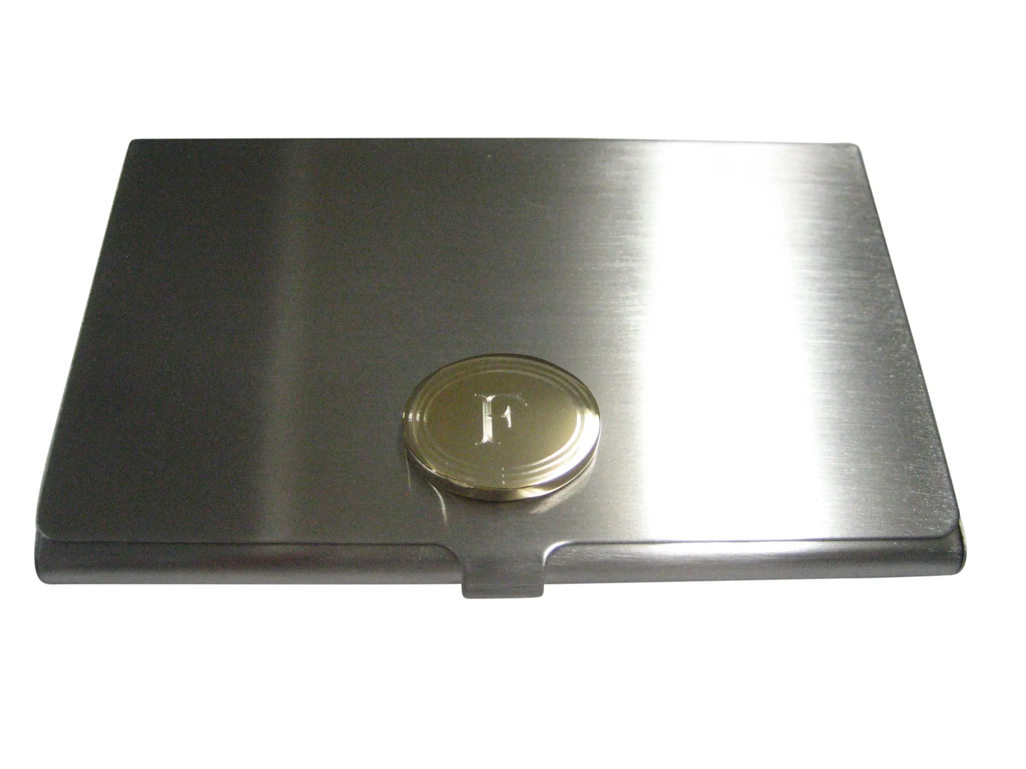 Gold Toned Etched Oval Letter F Monogram Business Card Holder