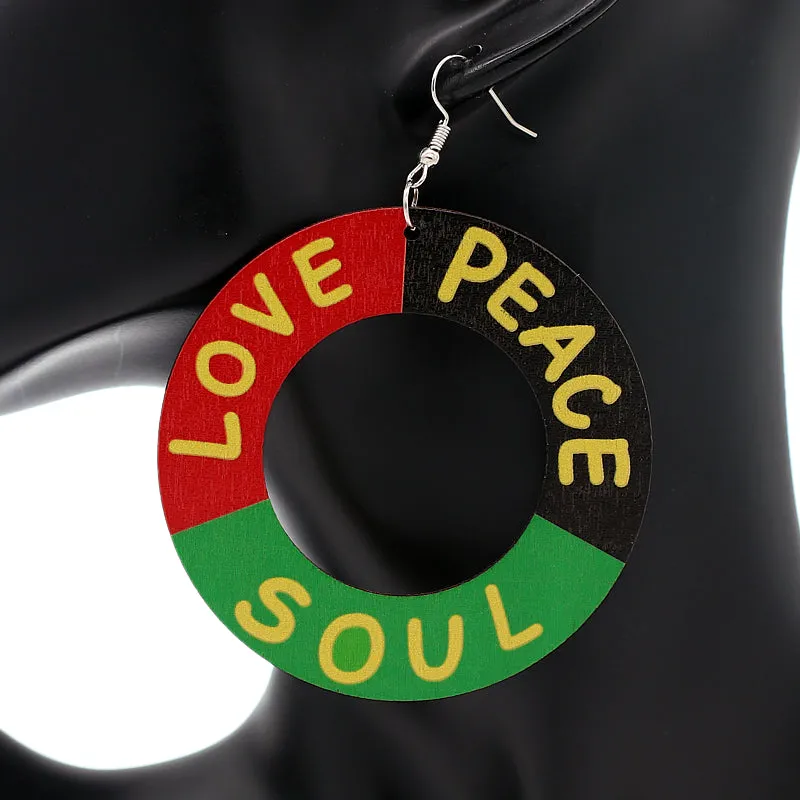 Green Multicolor Rasta Love Peace Soul Wood Earrings