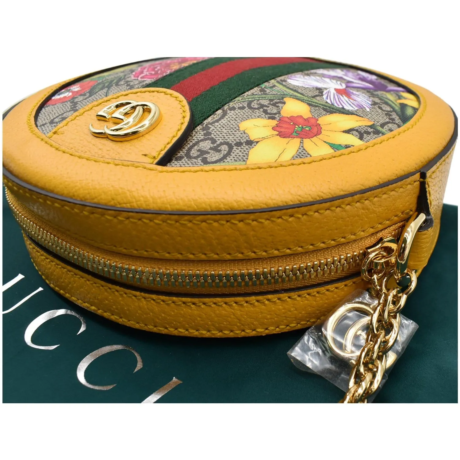GUCCI Ophidia Mini Flora GG Round Supreme Monogram Web Crossbody Bag Yellow 550618
