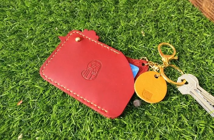 HANDMADE LEATHER CUTE Women Chicken CARD Holder Keychain PERSONALIZED MONOGRAMMED GIFT CUSTOM Wallet Card Holder keyring