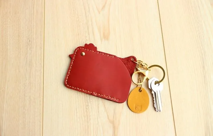 HANDMADE LEATHER CUTE Women Chicken CARD Holder Keychain PERSONALIZED MONOGRAMMED GIFT CUSTOM Wallet Card Holder keyring